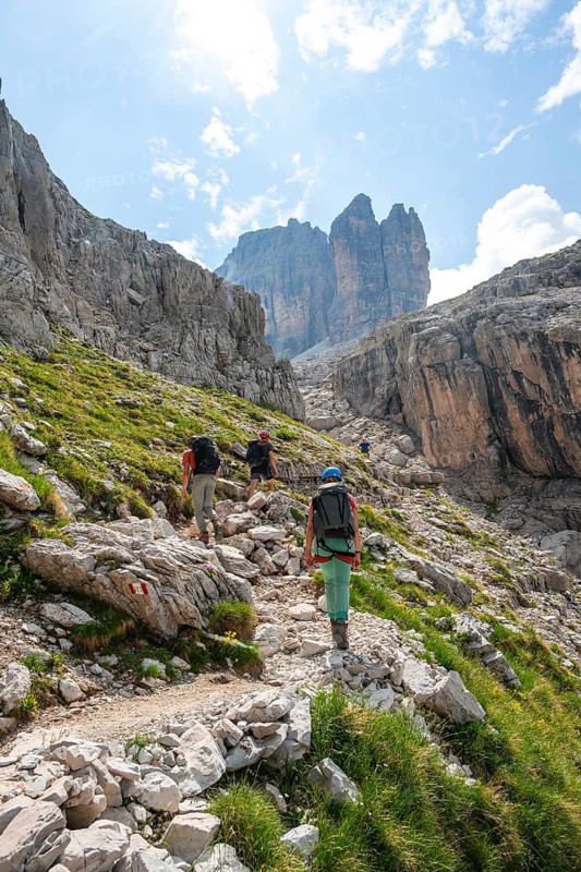 Climbers on a hiking trail, rocky mountain landscape, Via Ferrata SOSAT via ferrata, Brenta Mountains, Trentino, Italy