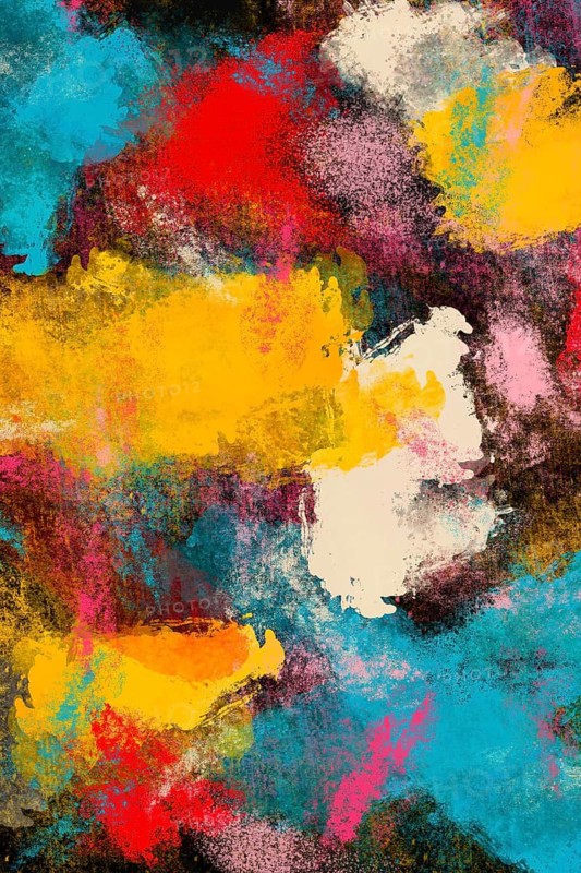 A vibrant and expressive abstract painting featuring bold splashes of red, yellow, blue, and more. Perfect for modern design, evoking creativity and dynamic movement