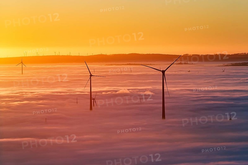 Wind turbines rising from cloud cover, wind farm, silhouettes at sunset, dense sea of fog in the valley, inversion weather, Köterberg, Lügde, Weser Hills, North Rhine-Westphalia, Germany