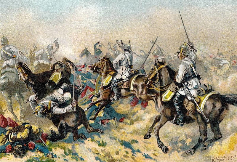 Von Bredow's Death Ride, the Prussian 7th Cuirassiers charge the French guns at the Battle of Mars-la-Tour or Vionville, 16 August 1870, Franco-Prussian War or Franco-German War 1870-1871, between the French Empire and the Kingdom of Prussia, der Todesritt der Brigade Bredow in der Schlacht von Mars-la-Tour oder Vionville am 16. August 1870, Deutsch-Französischer Krieg von 1870–1871 zwischen dem Kaiserreich Frankreich dem Königreich Preußen, historisches Bild von R. Knötel
