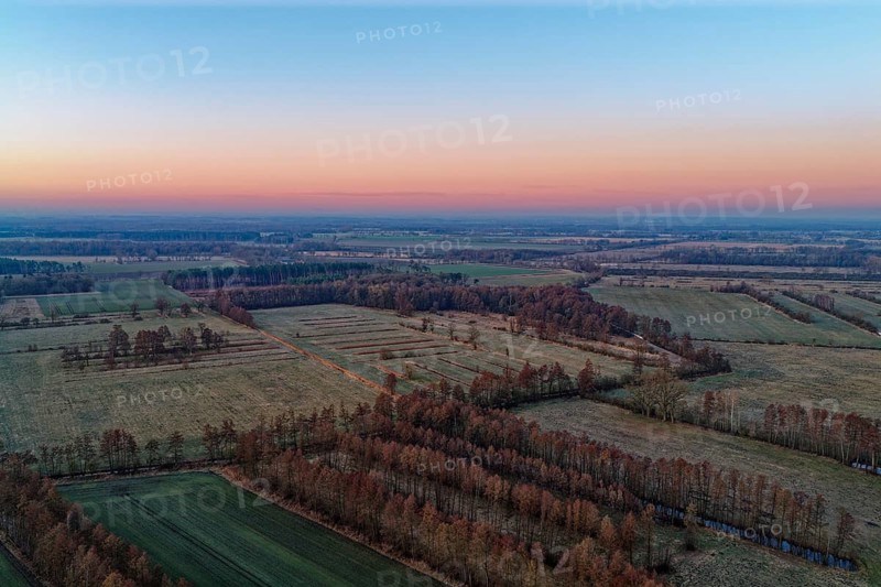 Landscape in the Drömling UNESCO Biosphere Reserve in the Altmark at dawn on a cold spring day. aerial view. Dannenfeld, Gardelegen, Saxony-Anhalt, Germany
