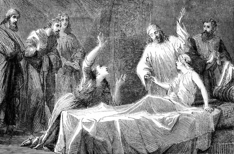 Jairus daughter, Thalita Kumi, chapter 5, verse 41, Gospel of Mark, father, mother, Jesus, die, sleep, death, laugh at, girl, daughter 12 years old, get up, room, bed, Bible, historical illustration 1850