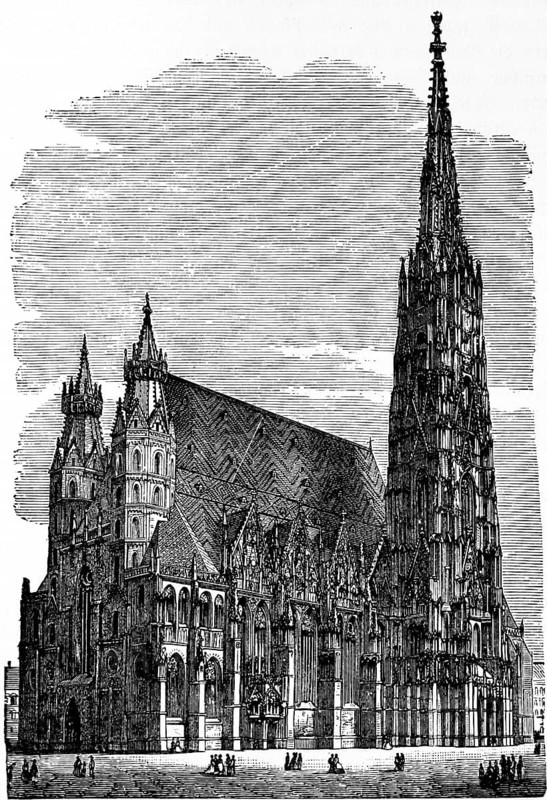 Roman Catholic St Stephen's Cathedral, landmark of the capital Vienna, Gothic building, double tower at the west entrance, north tower, architecture, people, roof with zigzag pattern, travel, Austria, historical illustration 1885