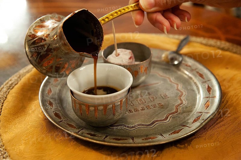 Traditional Bosnian coffee being served in a Sarajevo Café, Bosnia and Herzegovina