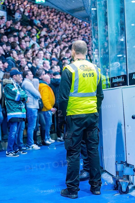 A security guard stands in front of a large group of spectators in the stadium, Heilbronner Falken Vs Bietigheimer Steelers, Heilbronn, Germany