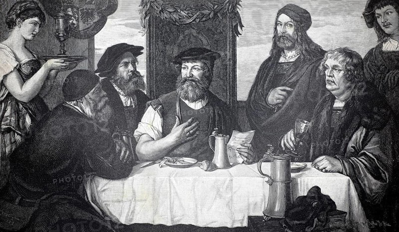 Nuremberg masters at a table, Peter Vischer, Eoban Hesse, Hans Sachs, Albrecht Dürer, Willibald Pirkheimer and Hans Schäuffelin, authentic, digitally restored reproduction of a model from the 19th century, exact date of presentation unknown, historical, men in historical clothing talking about dinner together