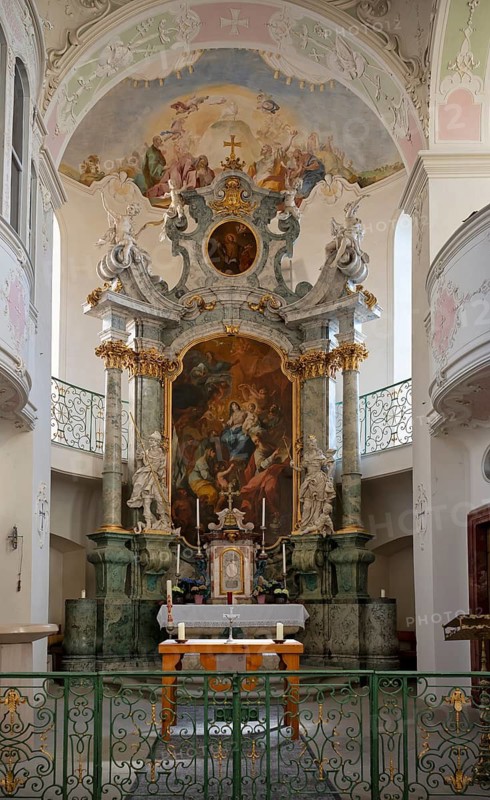 Interior view of the altar, choir, St Mary's Castle Church, Mainau Island, Constance district, Baden-Württemberg, Germany