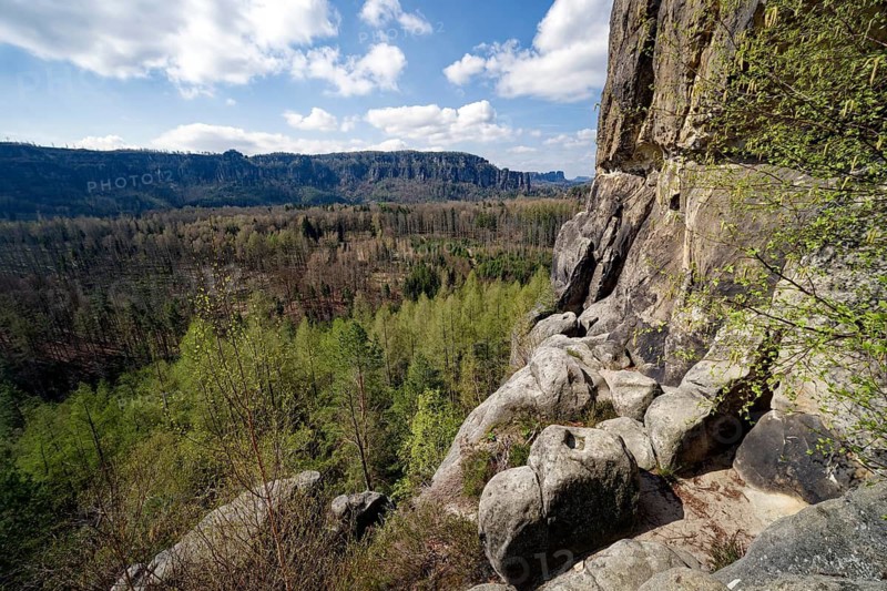 View from natural arch Kuhstall am Neuen Wildenstein, natural wonder, national park, hiking destination, rock formation, viewpoint, Elbe Sandstone Mountains, Saxon Switzerland, Bad Schandau, Saxony, Germany