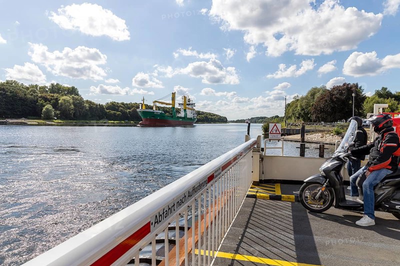 On the Pillau canal ferry across the Kiel Canal, waiting for a passing ship, Sehestedt, Rendsburg-Eckernförde district, Schleswig-Holstein, Germany