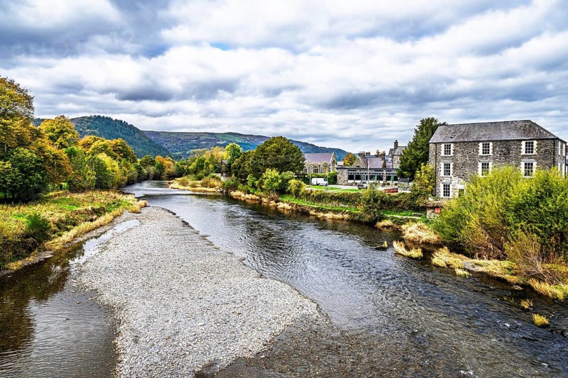 Autumn colors over Llanrwst, River Conwy, Conwy County Borough, Wales, UK