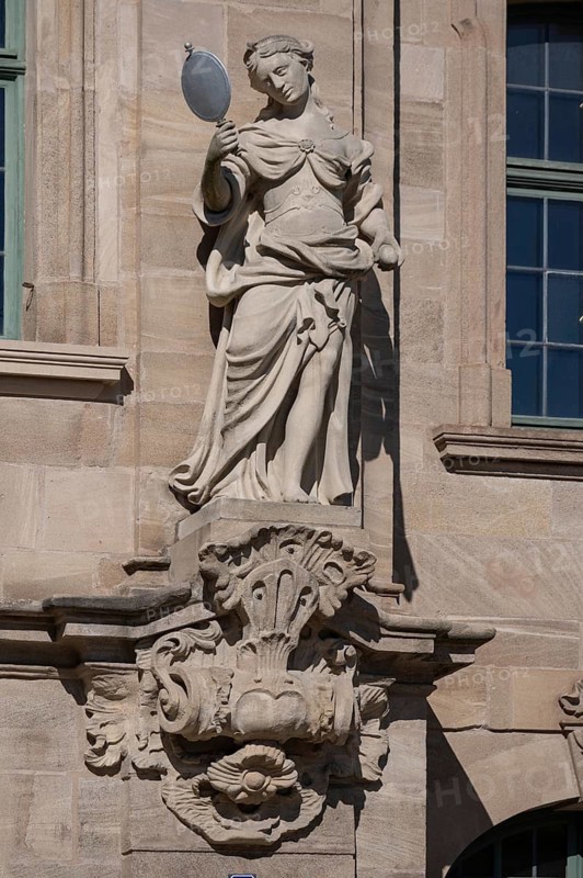 Sculpture of Prudentia, Prudence, on the late baroque town hall, built between 1744 and 1747, Ellingen, Middle Franconia, Bavaria, Germany