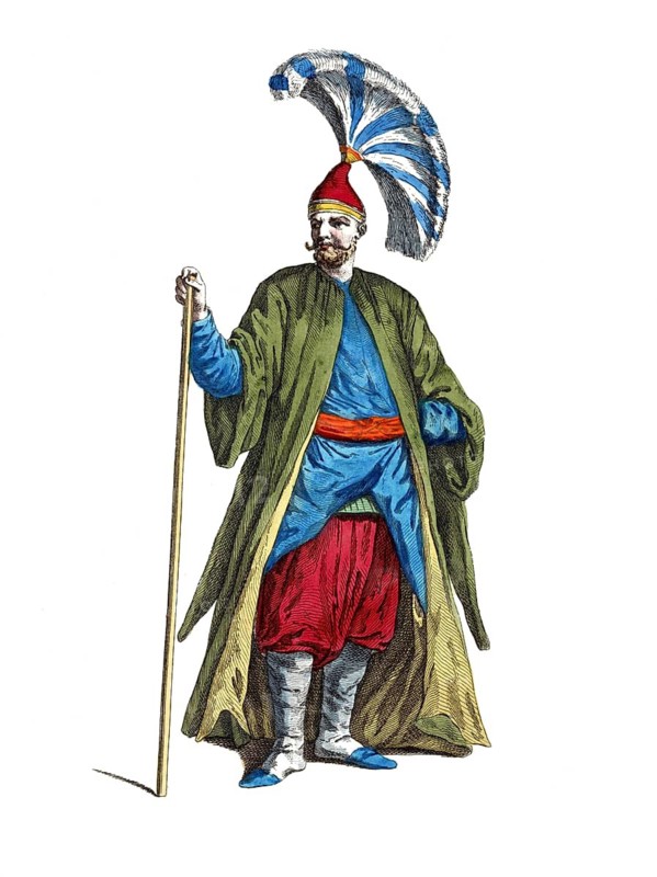 Historical clothing, fashion over time, clothing of the Tchorbadgi or Captain of the Janesaries, 1700, Ottoman Empire, digitally restored reproduction of a model from the 18th/19th century, exact date unknown, oriental figure in green coat and red robe with helmet