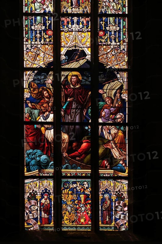Interior view, late Gothic stained glass window, church window, parish church, parish church of St Nicholas, Merano, Merano, South Tyrol, Autonomous Province of Bolzano, Italy