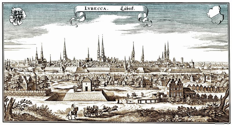 Panoramic view of Luebeck, 17th Century, Germany, Europe, Historische Zeichnung, Stadtansicht aus dem 17. Jahrhundert von Lübeck, Deutschland, Europa