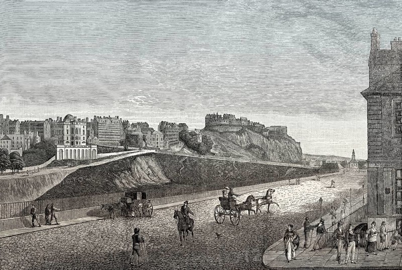 View of the Castle, Ramsay Gargens, Bank of Scotland and Eastern Mould from Pinces Street, Edinburgh, Scotland, 19th century