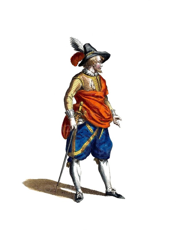 Historical clothing, fashion over the course of time, clothing of a distinguished gentleman from Milan, around 1700, Italy, digitally restored reproduction of a model from the 18th/19th century, exact date unknown, man in baroque war uniform with hat and colourful clothing in red and blue