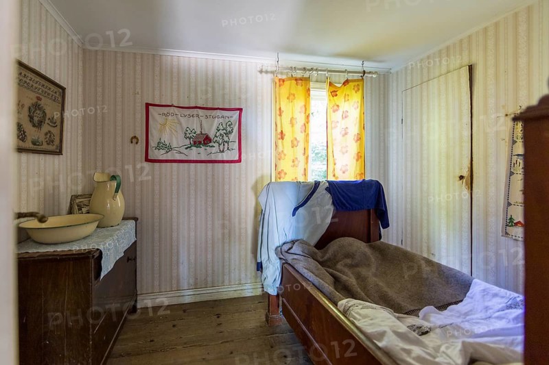 Bed in the bedroom in the replica house of Petterson and Findus based on a children's book by Sven Nordqvist, Julita gård open-air museum around the Julita manor house in Julita, Södermanlands län, Sweden