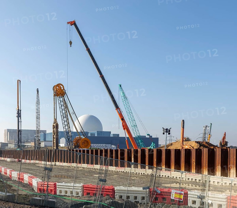 Preparatory construction work, Sizewell C nuclear power station, Sizewell, Suffolk, England, UK - Sizewell B dome in background March 2026