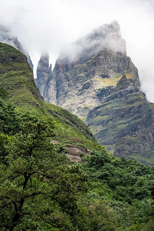 Landscape with mountains and fog, Drakensberg National Park, KwaZulu Natal, South Africa
