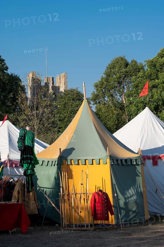 Colourful round tents, medieval market, medieval week, fortified defence tower, former Hanseatic city of Visby, UNESCO World Heritage Site, Gotland Island, Sweden