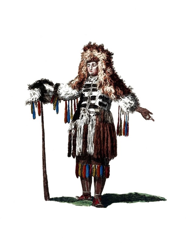 Historical clothing, fashion over time, clothing of a woman, Kamchadalin, around 1768, Kamchadals belong to the indigenous peoples of the Russian Far East, Russia, digitally restored reproduction of a model from the 18th/19th century, exact date unknown, A man in a traditional robe with fur trimming and striking headdress