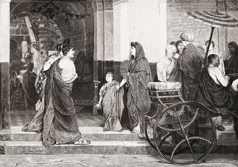 Ancient Roman street scene in front of a theater
