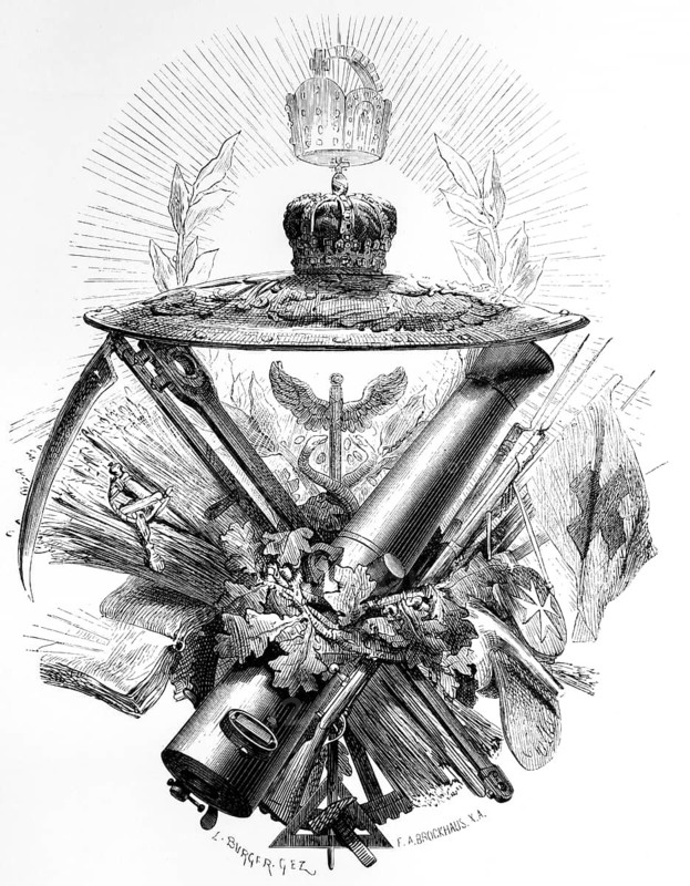 Symbols relating to the accession to the throne of King William I 1861-1871, royal insignia, crown, sword, weapons, oak leaves, book, cannon barrel, scythe, flag, Prussia, historical illustration 1884