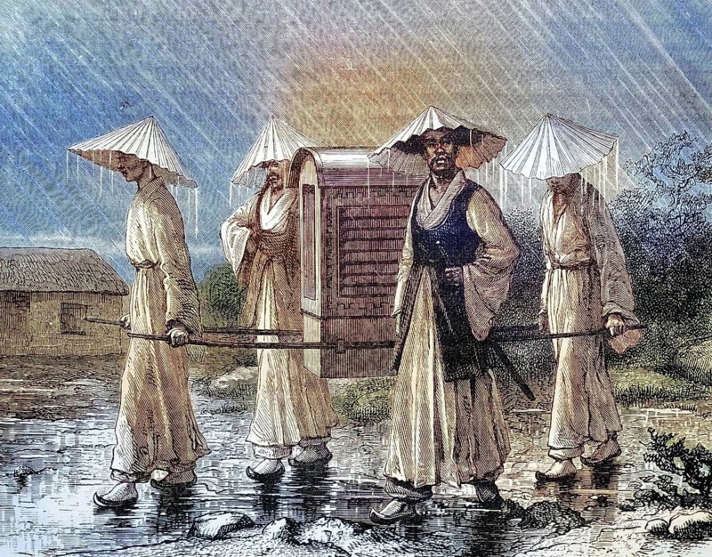 Palanquin bearer, palanquin bearer, in Korea, coloured wood engraving, reproduction of an original from ca 1888, Historical, Four men in traditional dress carry a palanquin in the rain under umbrellas