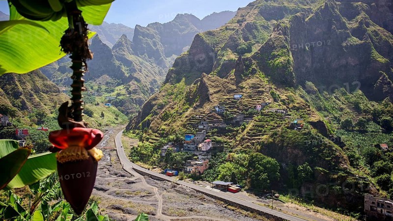 View from a banana tree (musa) over a village and a mountainous landscape, hike in the Paul Valley, Vale do Paul, Santo Antao, Cabo Verde, Cape Verde