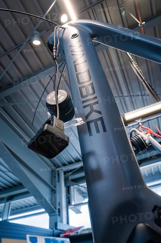 Dark blue bicycle frame with Waldbike lettering in a modern workshop, Waldbike Manufaktur, bicycle workshop, Calw, district of Calw, Black Forest, Germany