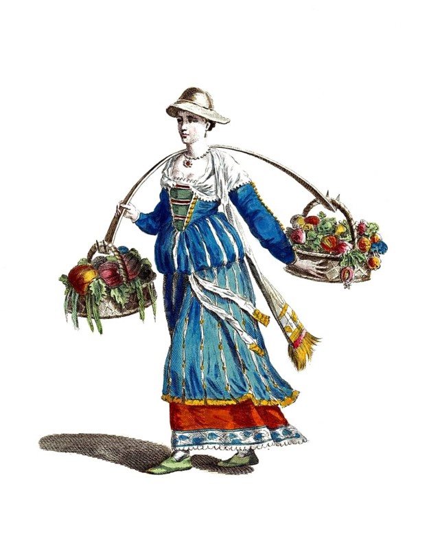 Historical clothing, fashion over time, traditional costume of a farmer from Pavia, 1588, Italy, digitally restored reproduction of a model from the 18th/19th century, exact date unknown, farmer carrying two baskets full of vegetables, dressed in traditional dress and summer hat