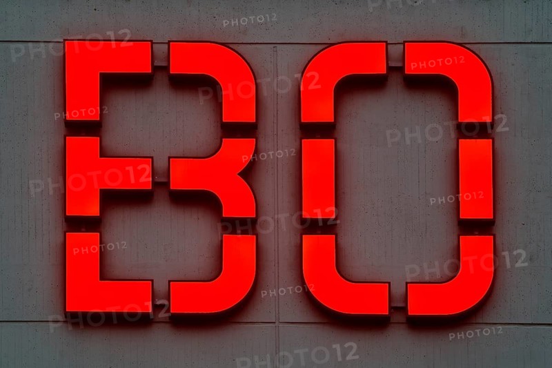 Detailed view of the red BO logo in the evening at the main building of Bochum University, Ruhr region, North Rhine-Westphalia, Germany