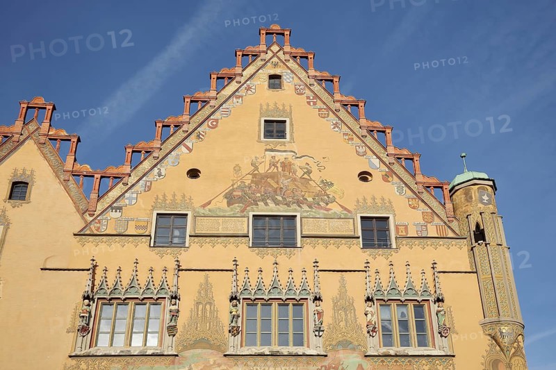 Decorated gable with wall painting of the historic Ulm box and city coat of arms at the town hall with stepped gable, Ulm, Baden-Württemberg, Germany