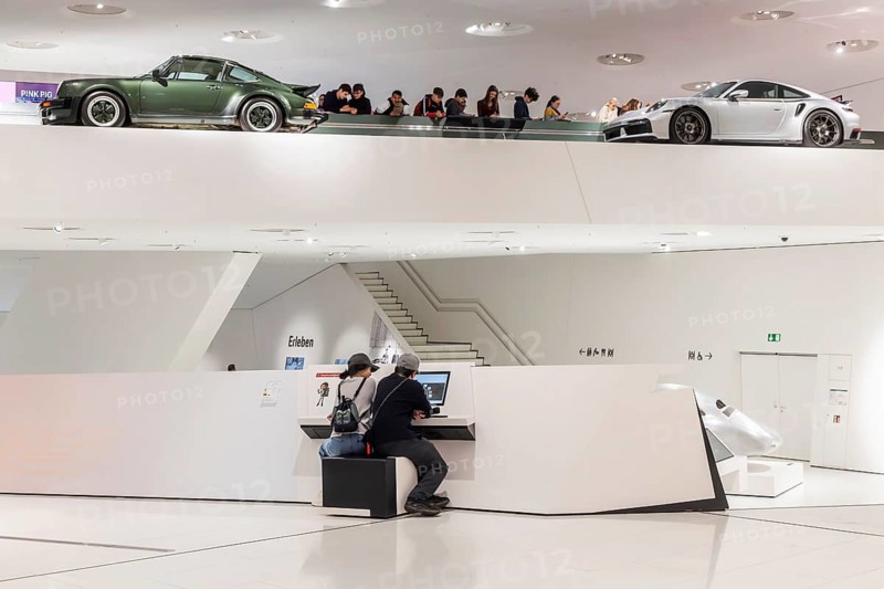 Porsche Museum Stuttgart-Zuffenhausen. The automotive museum of Dr. Ing. h.c. F. Porsche AG shows racing cars and iconic cars from automotive history. interior view. Stuttgart, Baden-Württemberg, Germany