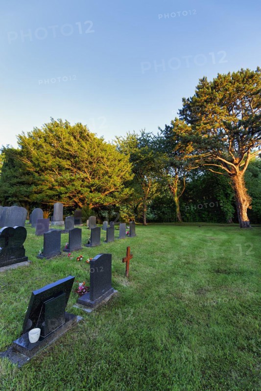 Gravestones in a meadow, Cemetery, All Saints Church, Llangorwen, Aberystwyth, Ceredigion, Wales, Great Britain