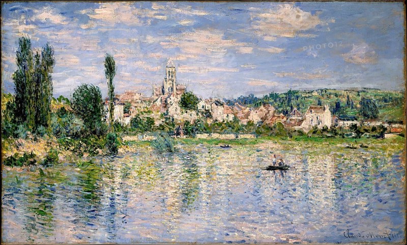 Claude Monet (b. 14 November 1840 in Paris as Oscar-Claude Monet, d. 5 December 1926) important French painter, Impressionist style. Here is his work, Vétheuil in Summer (1880), Vetheuil in Summer (1880), town view with river and reflections of the landscape in the water