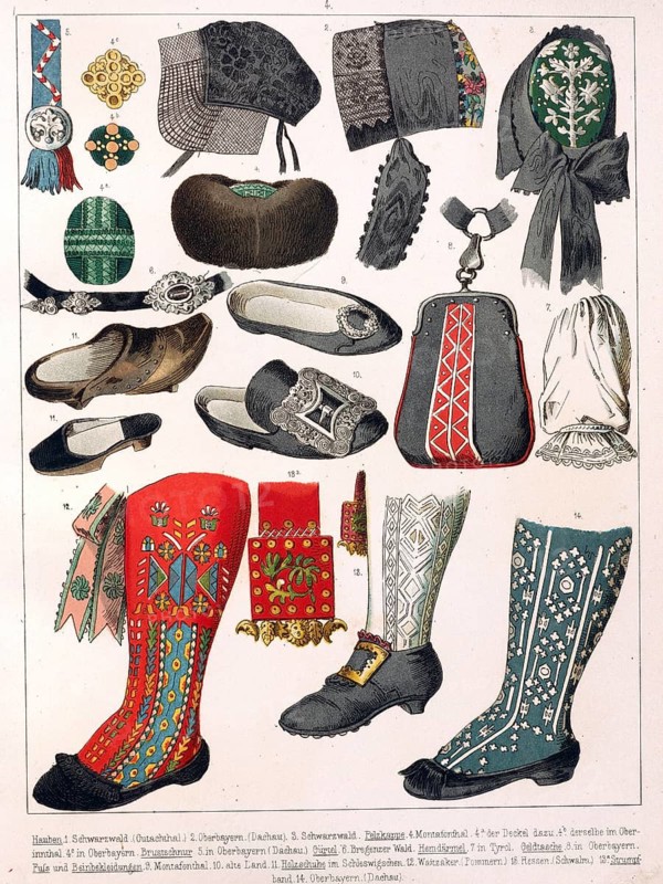 Traditional costumes in Germany around 1820, Shoes, boots and caps, Traditional shoes, boots and accessories, richly decorated with patterns and details, digitally retouched reproduction of a model from ca. 1850, by Albert Kretschmer (27 February 1825, 11 July 1891), German painter and traditional costume expert
