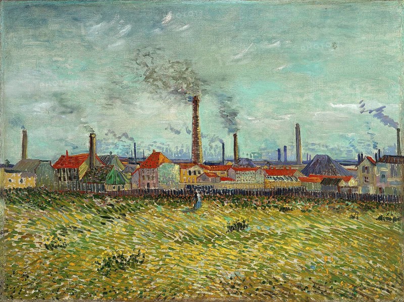 Factories at Clichy (1887), Factories at Clichy (1887), Painting by Vincent Willem van Gogh (born 30 March 1853 in Groot-Zundert, died 29 July 1890 in Auvers-sur-Oise), Dutch painter and draughtsman, one of the founders of modern painting, Illustration, Reproduction from a painting. Authentic, exact date of the original unknown, Historical, Industrial scene on the outskirts of a town with smoking chimneys and a green meadow