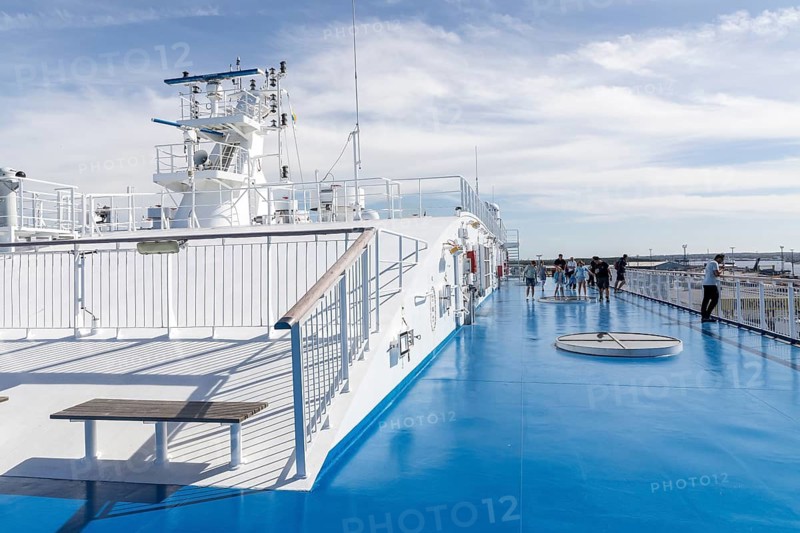 Upper deck of the TT-Line ferry Nils Holgersson in blue and white, Rostock Port, Mecklenburg-Western Pomerania, Germany