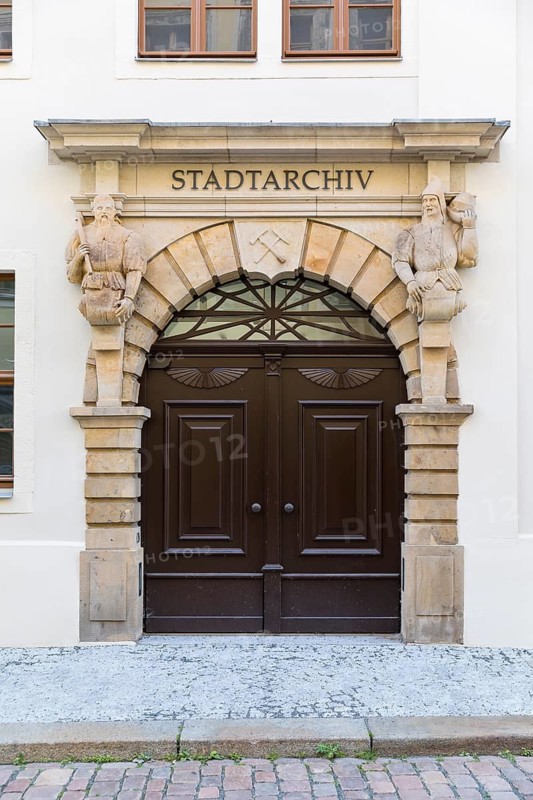 Historical portal of the city archive on Herderstraße, Freiberg, Saxony, Germany