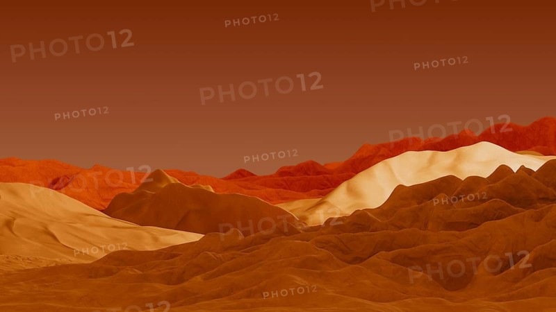 A 3D render depicts a warm color palette with rolling desert terrain and distant dune formation. A uniform sky blends with the sandy landscape