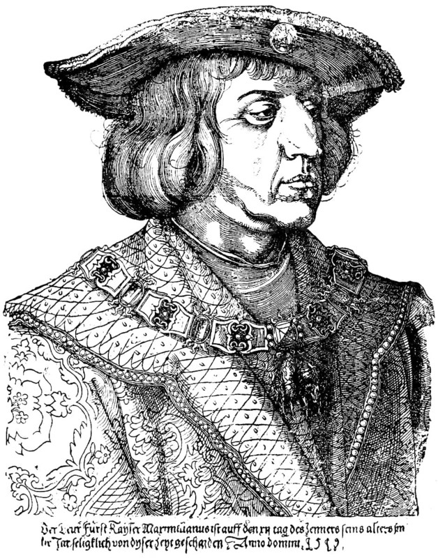 Portrait, Emperor Maximilian, after Albrecht Dürer, Habsburg, ruler of the Holy Roman Empire of the German Nation, historical illustration 1883