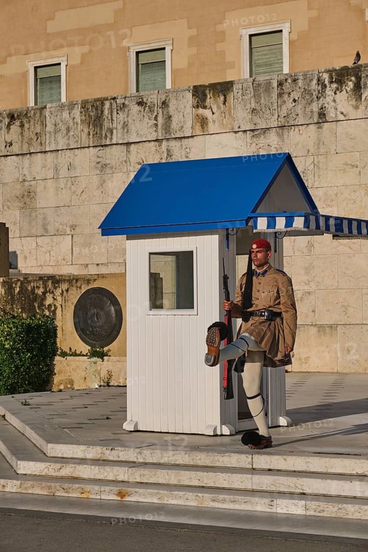 ATHENS, GREECE, MAY 20, 2019: Presidential ceremonial guard Evzone in front of the Monument of the Unknown Soldier near Greek Parliament, Syntagma square, Athenes, Greece