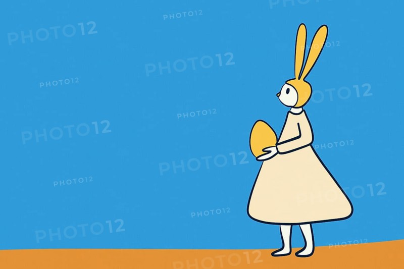 A charming illustration of an Easter bunny in a dress, holding a large egg against a simple blue background, symbolizing the festive Easter spirit