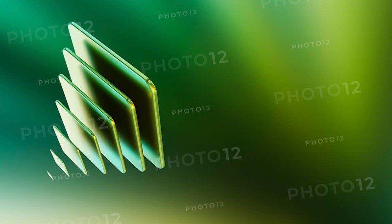 This image features a modern 3D render of symmetrical green layers in geometric shapes, set against a soft, gradient background with a slight glow on the edges