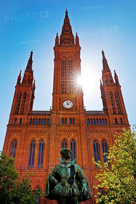 Neo-Gothic Market Church with statue of William I of Nassau, Wiesbaden, Hesse, Germany
