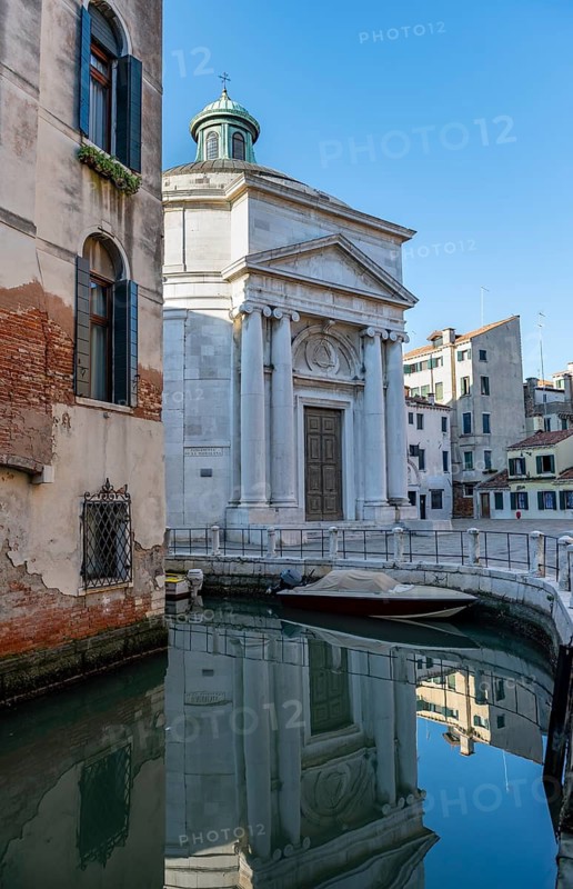 Church Chiesa di Santa Maria Maddalena, reflected in the canal, Cannaregio, Venice, Veneto, Italy
