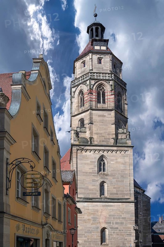 Tower of the parish church of St Andrew, Martin-Luther-Platz 11, Weißenburg, Middle Franconia, Bavaria, Germany