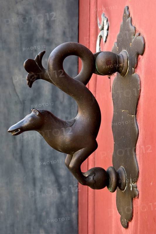 Braunschweig horse door knocker in the city centre on the front door of a half-timbered house, Goslar, Lower Saxony, Germany