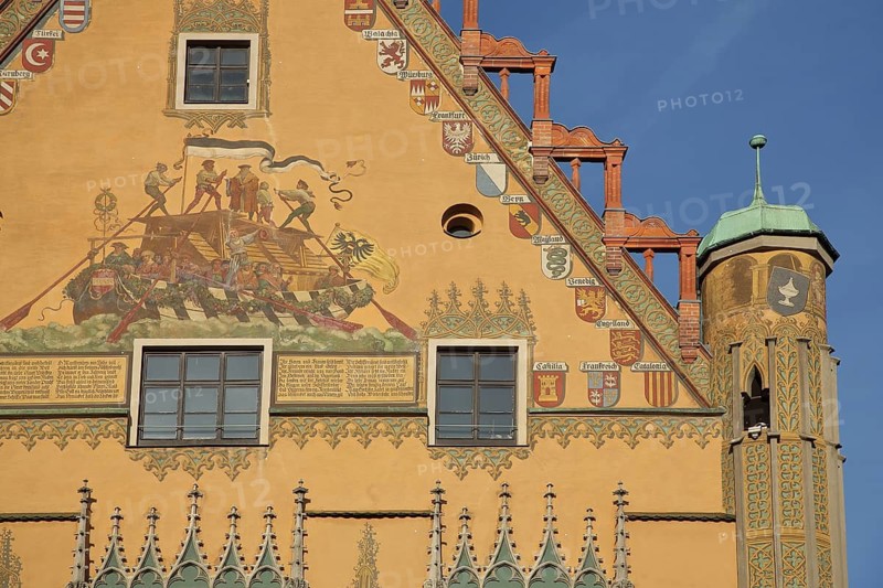 Decorated gable with wall painting of the historic Ulm box and city coat of arms, Ulm City Hall, Baden-Württemberg, Germany